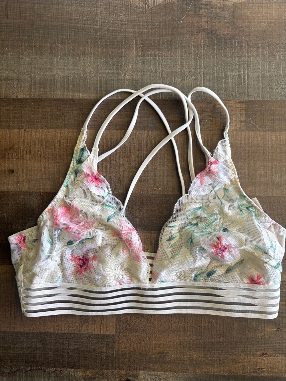 PINK Victoria's Secret Floral Lace Strappy Bralette - White with Pink & Green